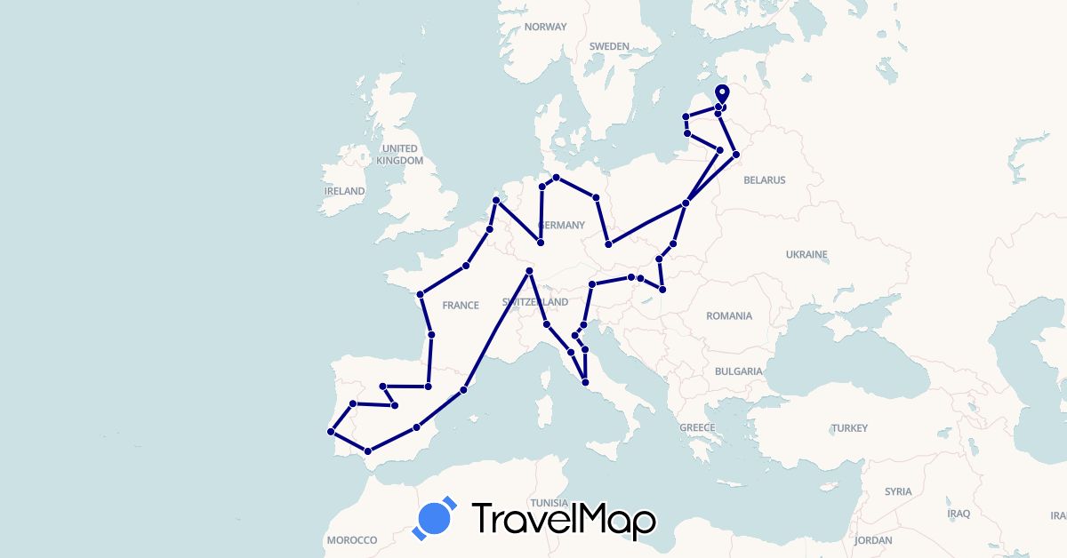 TravelMap itinerary: driving in Austria, Belgium, Czech Republic, Germany, Spain, France, Hungary, Italy, Lithuania, Latvia, Netherlands, Poland, Portugal, Slovakia, San Marino (Europe)